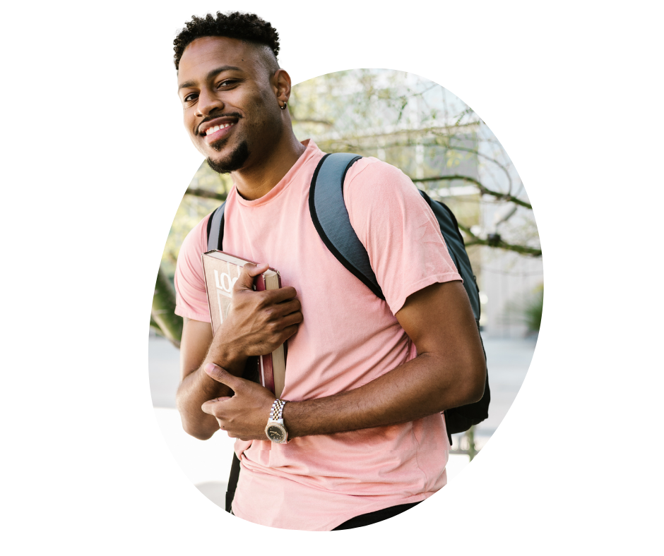 teenager in a pink shirt and backpack
